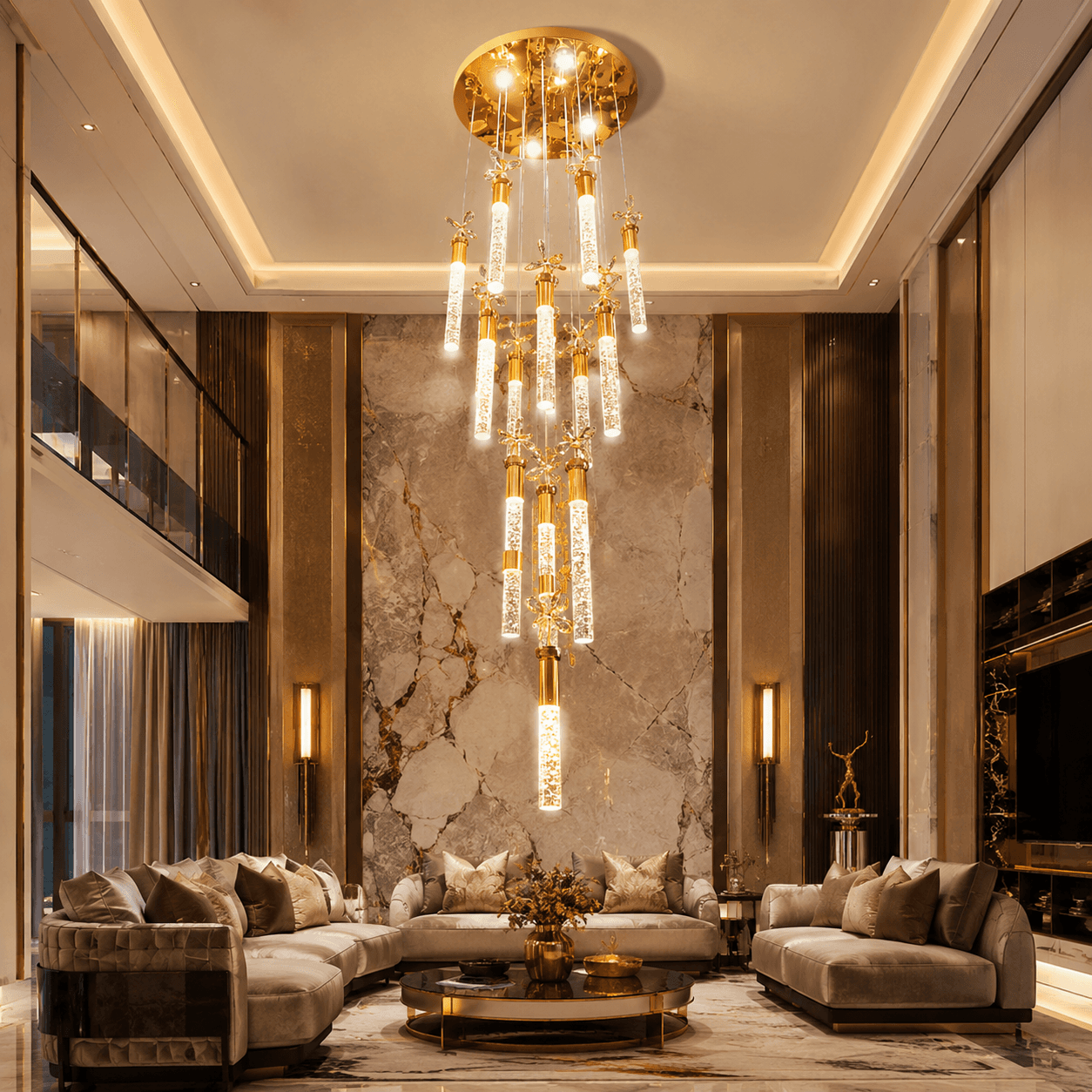 Aurora Luxury 16-Light Gold Crystal Cascade Staircase Chandelier