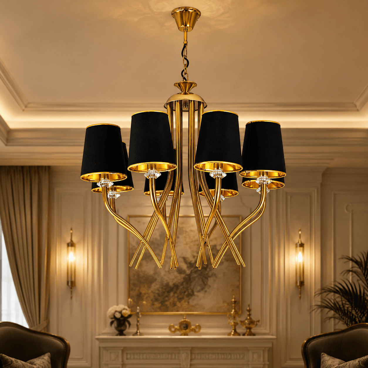 Modern 6-Light Gold Chandelier with Black Fabric Shades | Luxury Decorative Hanging Ceiling Light
